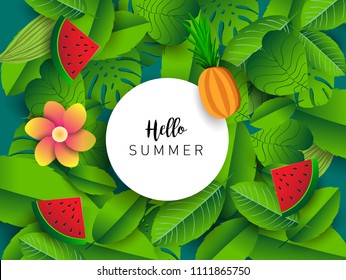 Summer vector banner design with tropical fruits and palm leaves background. Vector illustration.