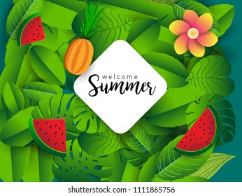 Summer vector banner design with tropical fruits and palm leaves background. Vector illustration.