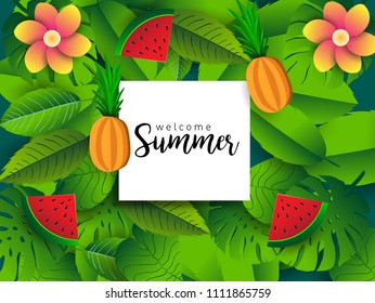 Summer vector banner design with tropical fruits and palm leaves background. Vector illustration.