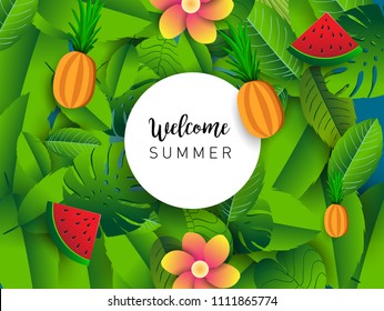 Summer vector banner design with tropical fruits and palm leaves background. Vector illustration.