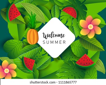Summer vector banner design with tropical fruits and palm leaves background. Vector illustration.