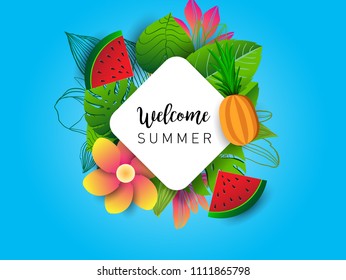 Summer vector banner design with tropical fruits and palm leaves background. Vector illustration.