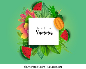 Summer vector banner design with tropical fruits and palm leaves background. Vector illustration.