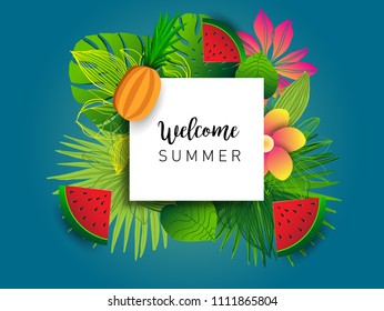 Summer vector banner design with tropical fruits and palm leaves background. Vector illustration.