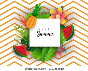 Summer vector banner design with tropical fruits and palm leaves background. Vector illustration.