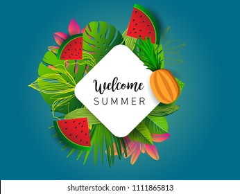 Summer vector banner design with tropical fruits and palm leaves background. Vector illustration.