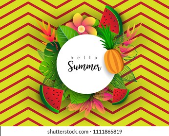 Summer vector banner design with tropical fruits and palm leaves background. Vector illustration.