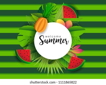 Summer vector banner design with tropical fruits and palm leaves background. Vector illustration.