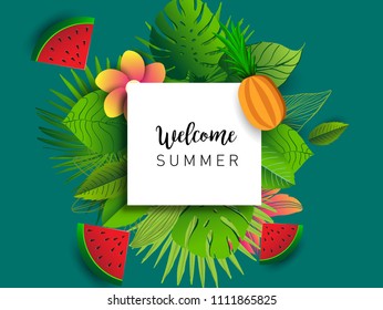 Summer vector banner design with tropical fruits and palm leaves background. Vector illustration.