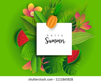 Summer vector banner design with tropical fruits and palm leaves background. Vector illustration.