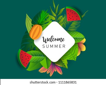 Summer vector banner design with tropical fruits and palm leaves background. Vector illustration.