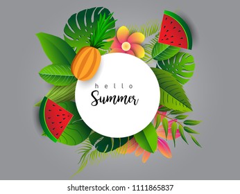 Summer vector banner design with tropical fruits and palm leaves background. Vector illustration.