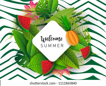 Summer vector banner design with tropical fruits and palm leaves background. Vector illustration.