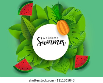 Summer vector banner design with tropical fruits and palm leaves background. Vector illustration.
