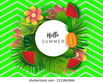 Summer vector banner design with tropical fruits and palm leaves background. Vector illustration.