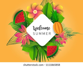 Summer vector banner design with tropical fruits and palm leaves background. Vector illustration.