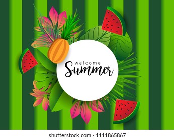 Summer vector banner design with tropical fruits and palm leaves background. Vector illustration.