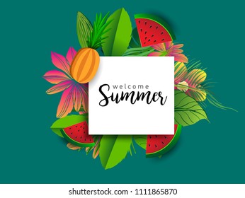 Summer vector banner design with tropical fruits and palm leaves background. Vector illustration.