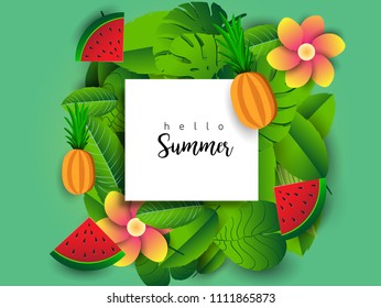 Summer vector banner design with tropical fruits and palm leaves background. Vector illustration.