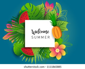 Summer vector banner design with tropical fruits and palm leaves background. Vector illustration.