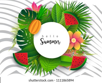 Summer vector banner design with tropical fruits and palm leaves background. Vector illustration.