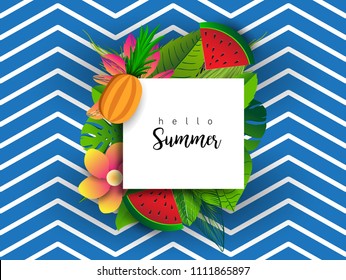 Summer vector banner design with tropical fruits and palm leaves background. Vector illustration.