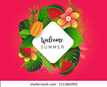 Summer vector banner design with tropical fruits and palm leaves background. Vector illustration.