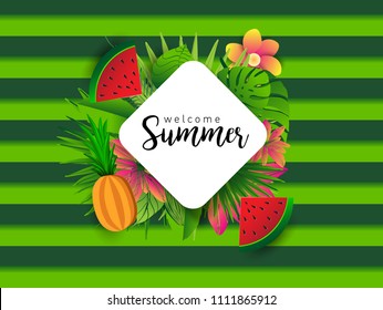 Summer vector banner design with tropical fruits and palm leaves background. Vector illustration.