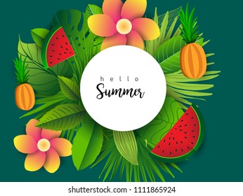 Summer vector banner design with tropical fruits and palm leaves background. Vector illustration.