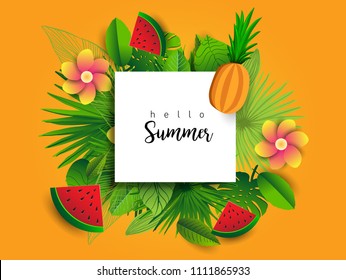 Summer vector banner design with tropical fruits and palm leaves background. Vector illustration.