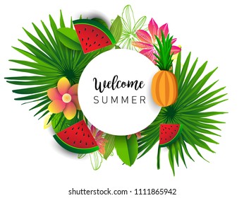 Summer vector banner design with tropical fruits and palm leaves background. Vector illustration.
