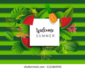 Summer vector banner design with tropical fruits and palm leaves background. Vector illustration.