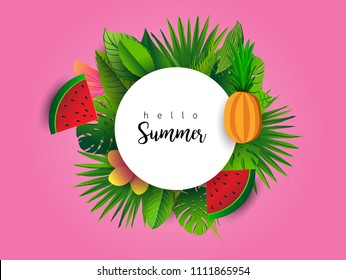 Summer vector banner design with tropical fruits and palm leaves background. Vector illustration.
