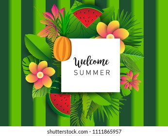 Summer vector banner design with tropical fruits and palm leaves background. Vector illustration.