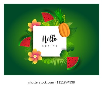 Summer vector banner design with tropical fruits and palm leaves background. Vector illustration.
