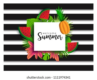 Summer vector banner design with tropical fruits and palm leaves background. Vector illustration.