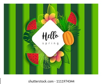 Summer vector banner design with tropical fruits and palm leaves background. Vector illustration.