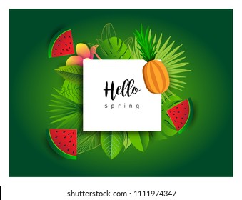 Summer vector banner design with tropical fruits and palm leaves background. Vector illustration.