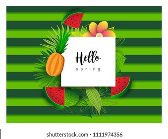 Summer vector banner design with tropical fruits and palm leaves background. Vector illustration.