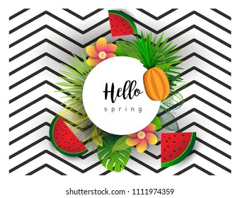 Summer vector banner design with tropical fruits and palm leaves background. Vector illustration.