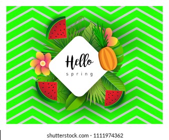 Summer vector banner design with tropical fruits and palm leaves background. Vector illustration.