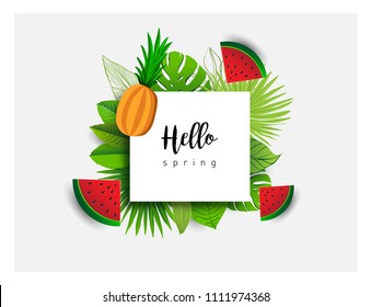 Summer vector banner design with tropical fruits and palm leaves background. Vector illustration.