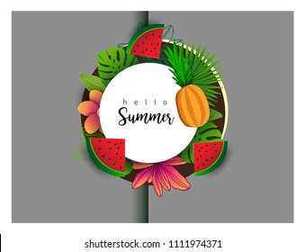 Summer vector banner design with tropical fruits and palm leaves background. Vector illustration.