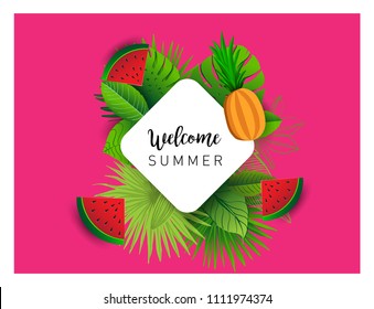 Summer vector banner design with tropical fruits and palm leaves background. Vector illustration.