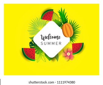 Summer vector banner design with tropical fruits and palm leaves background. Vector illustration.