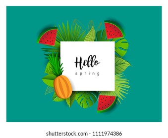 Summer vector banner design with tropical fruits and palm leaves background. Vector illustration.