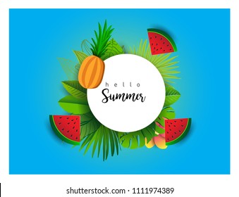 Summer vector banner design with tropical fruits and palm leaves background. Vector illustration.