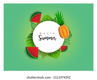 Summer vector banner design with tropical fruits and palm leaves background. Vector illustration.