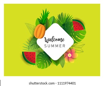 Summer vector banner design with tropical fruits and palm leaves background. Vector illustration.
