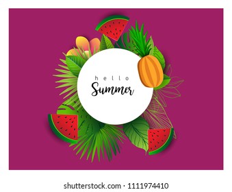 Summer vector banner design with tropical fruits and palm leaves background. Vector illustration.